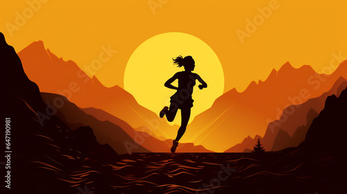 Mujer practicando correr en la cima de una montaña, silueta. IA Generativa