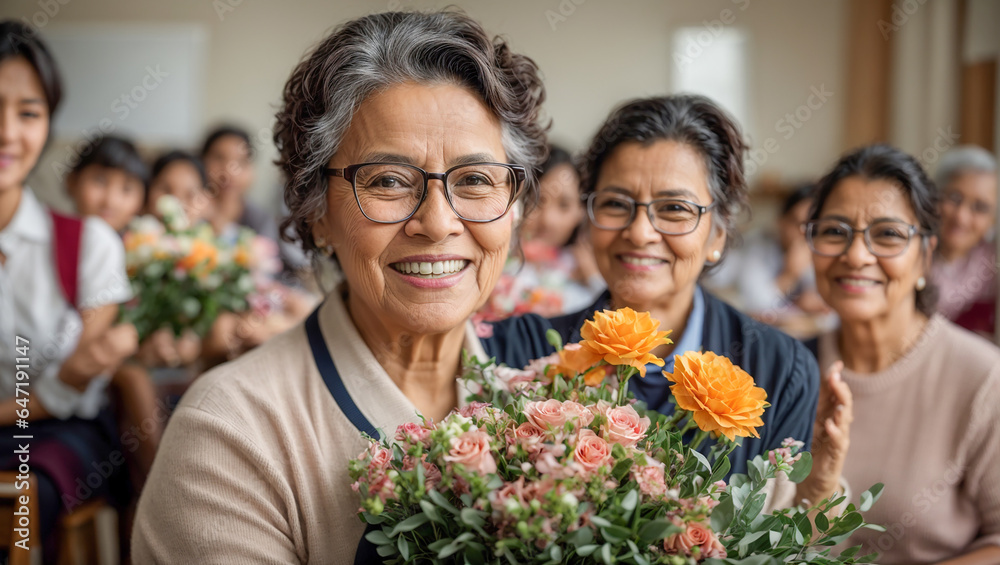 Portrait of an elderly teacher with a bouquet of flowers