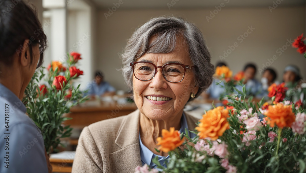 Portrait of an elderly teacher with a bouquet of flowers Portrait of an elderly teacher with a bouquet of flowers