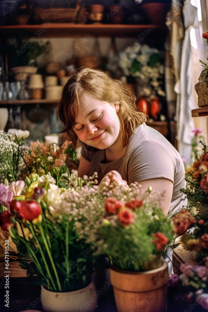 Generative AI illustration of charming plump woman with Down Syndrome selling flowers in rustic shop looking down Generative AI illustration of charming plump woman with Down Syndrome selling flowers in rustic shop looking down