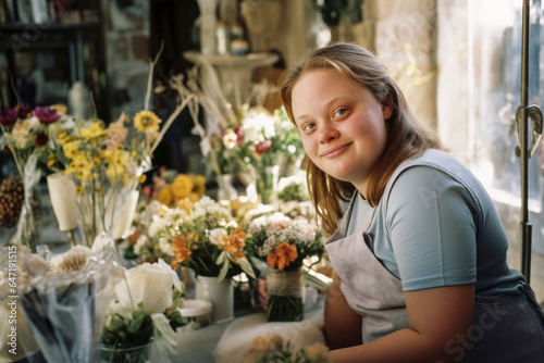 Generative AI illustration of charming plump woman with Down Syndrome selling flowers in rustic shop looking at camera photo