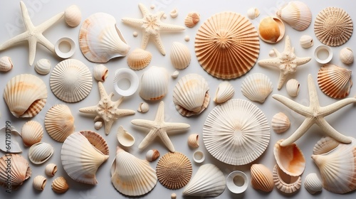 Collection of small seashells with fossil coral and sand dollars  Summer and vacation concept  Top view.