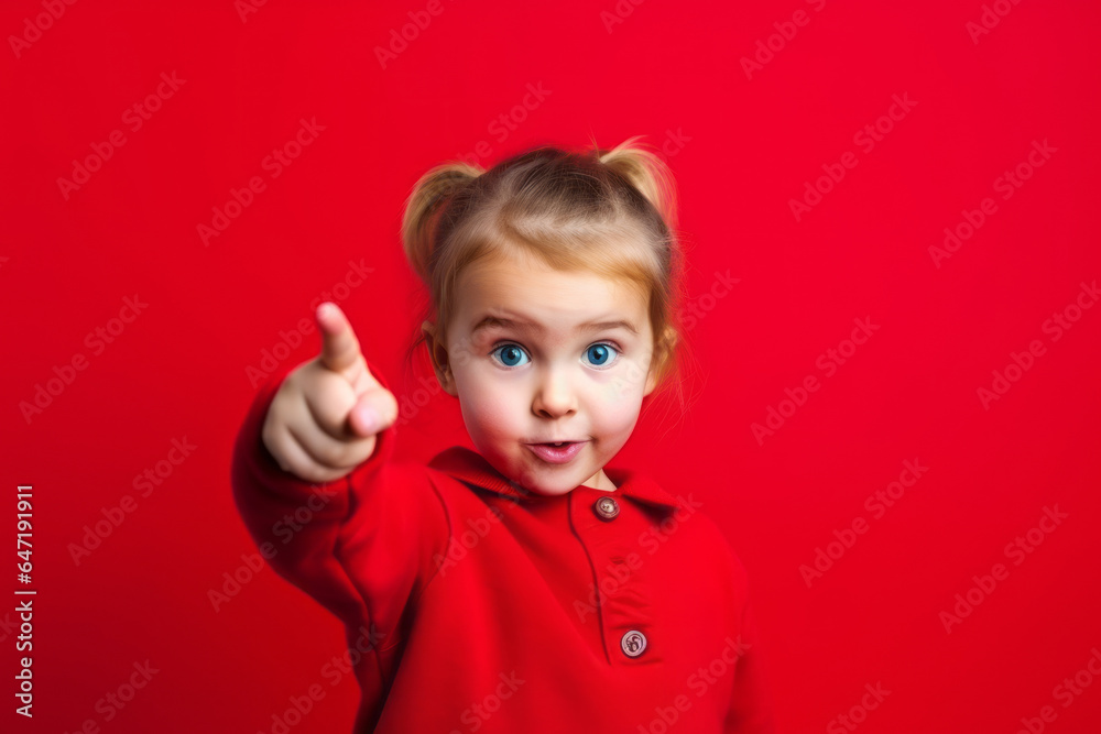 A little girl on a red background gesticulates with her index finger, copy space A little girl on a red background gesticulates with her index finger, copy space