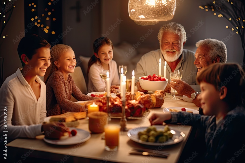 A heartwarming Christmas dinner with family and friends, featuring a festive table, love, and traditional decorations.