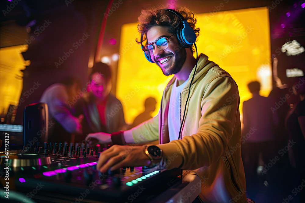A young male DJ in a nightclub, mixing electronic music on a turntable, surrounded by colorful lights and sound. A young male DJ in a nightclub, mixing electronic music on a turntable, surrounded by colorful lights and sound.