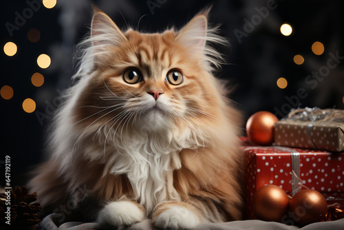 Cat wearing Santa hat and gift boxes on bokeh backdrop