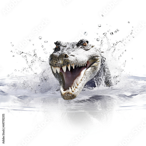 Angry crocodile with open mouth on white, dinosaur. Illustration created with  generative AI technologies  © Ludmyla