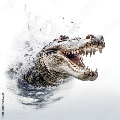 Angry crocodile with open mouth on white  dinosaur. Illustration created with  generative AI technologies 