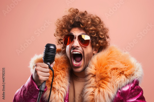 Funny funky wild vocalist screaming in microphone wearing fur coat gloves suspenders isolated on bright background