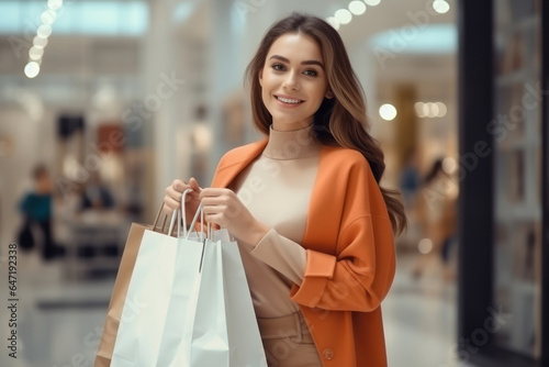 Close-up shot of happy young fashionista woman holding bag while shopping