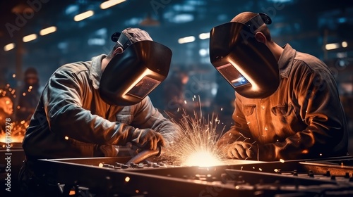 Two workers and welders who perform arc welding in industry factory.