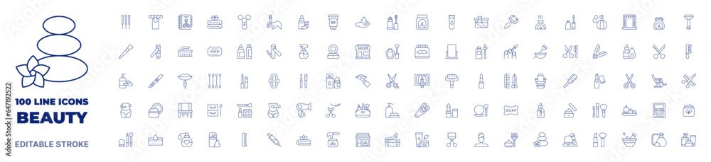 100 icons Beauty collection. Thin line icon. Editable stroke. Beauty icons for web and mobile app.