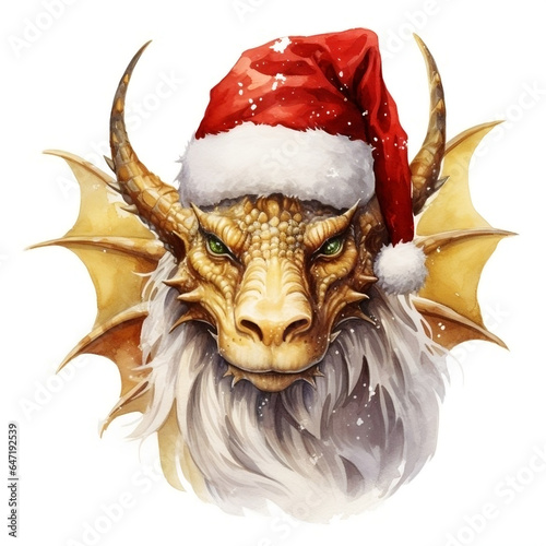 Portrait of golden dragon in Santa Claus red hat on white. New year watercolor illusrtation,symbol of 2024 year.illustration created with generative AI technologies photo