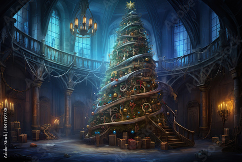 Fantasy Christmas tree with gifts celebrating Merry Christmas