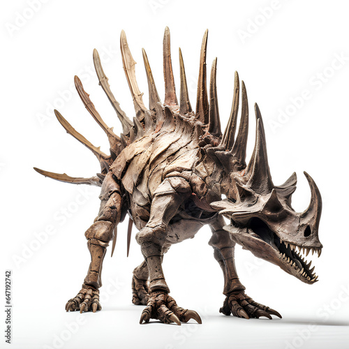 Skeleton of triceratops standing on white, fossils. Museum exhibition element.Illustration created with generative AI technologies © Ludmyla