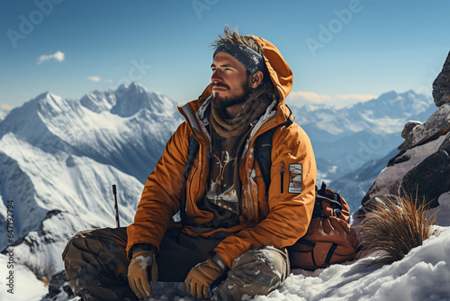 Young happy man with in winter mountains