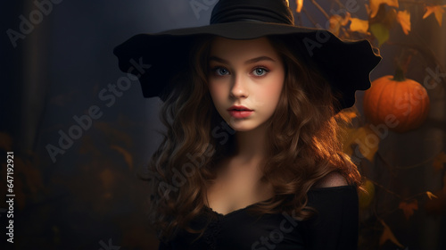 Young woman dressed in a witch costume, on Halloween.