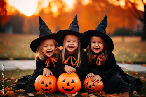 Three kids in carnival costumes outdoors. Cheerful children and pumpkins on sunset background.