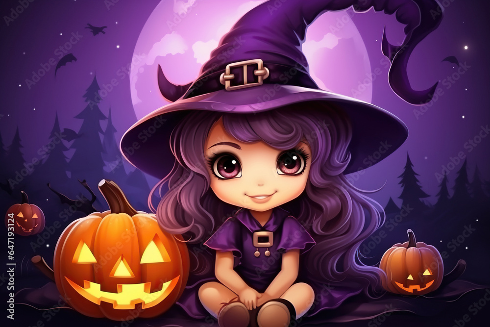 Cute little witch with a pumpkin on violet background. Happy Halloween!