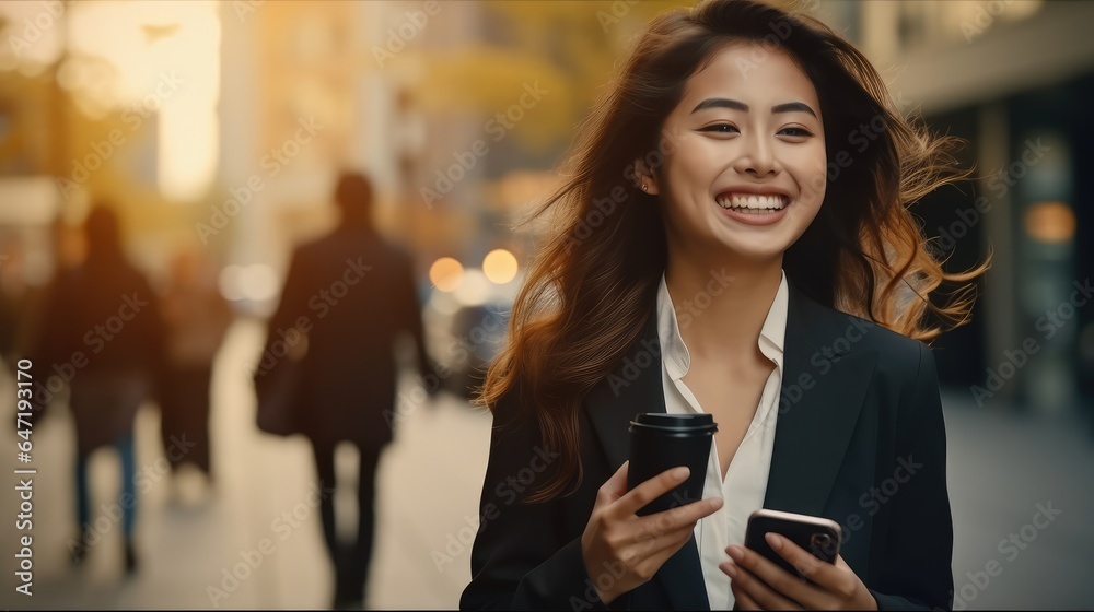 Beautiful Asian business woman holding cell phone in hands are walking on city street