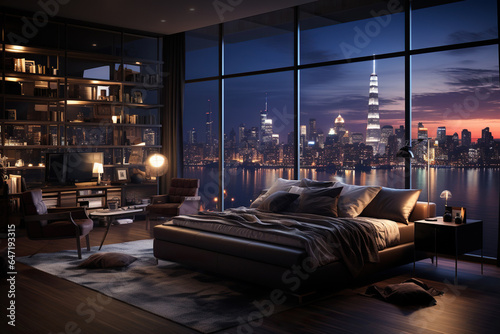 modern Luxury bedroom with night city view