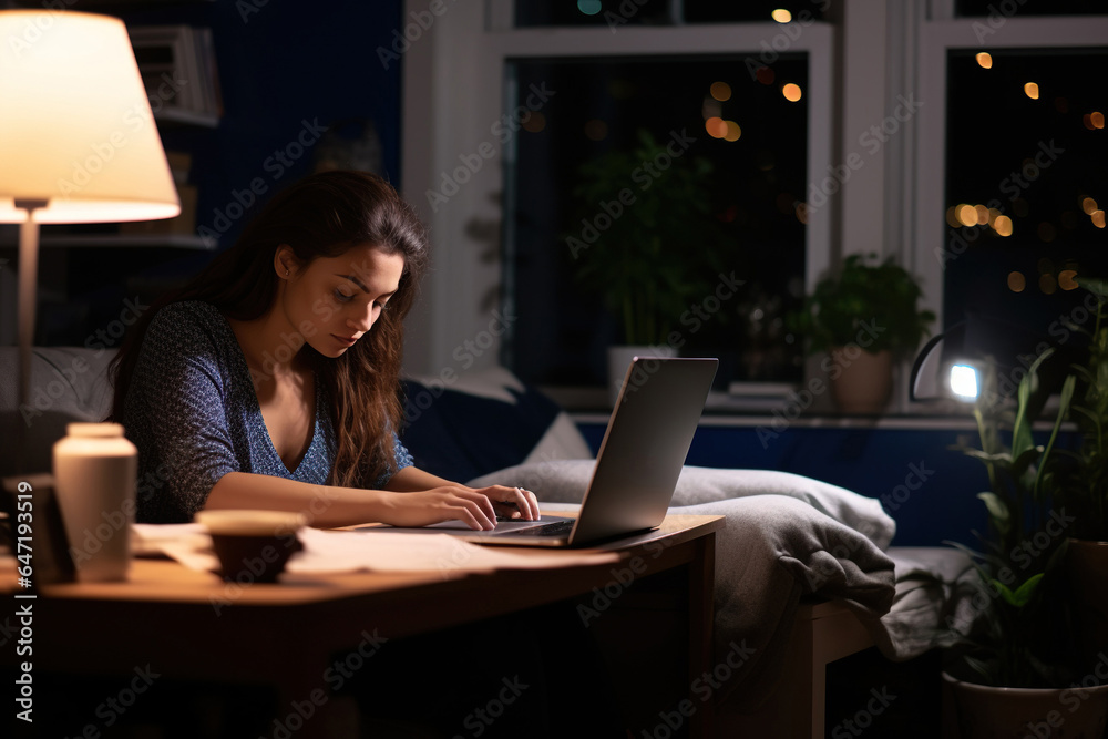Nighttime productivity: Young businesswoman typing on laptop in home office Nighttime productivity: Young businesswoman typing on laptop in home office