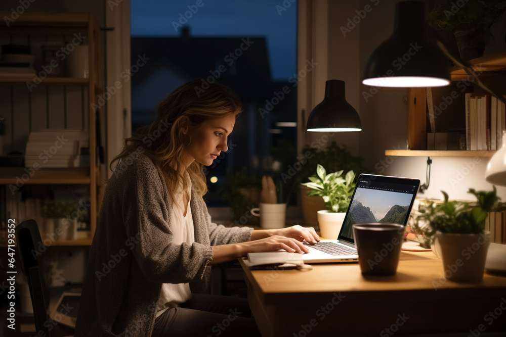 Nighttime productivity: Young businesswoman typing on laptop in home office Nighttime productivity: Young businesswoman typing on laptop in home office