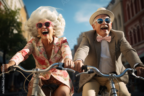 Old Couple riding bicycles outside of the city.