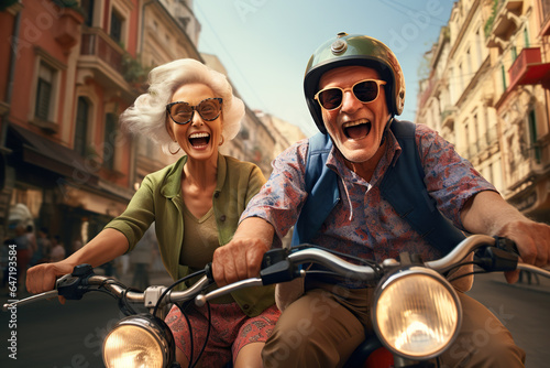 Old Couple riding bicycles outside of the city and wearing helmets and sunglasses