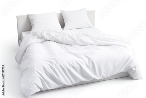 Bed covered with all white duvets and pillows, isolated on white background