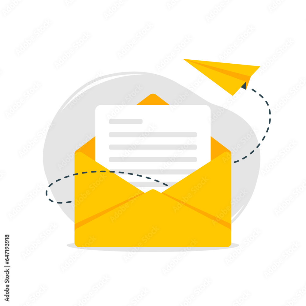Yellow email icon. Letter in an envelope with message and a paper airplane. Minimalistic vector illustration.