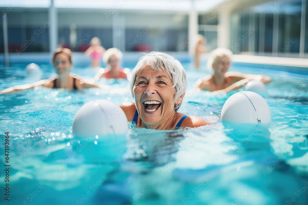 Fototapeta premium In the pool, seniors of all ages come together for aqua fitness, fostering health and friendship.