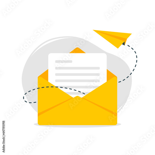 Yellow email icon. Letter in an envelope with message and a paper airplane. Minimalistic vector illustration.