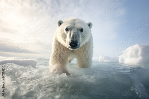 Generative AI image from below of polar bear with white fur and brown eyes looking at camera while standing against snowy landscape in the Arctic photo
