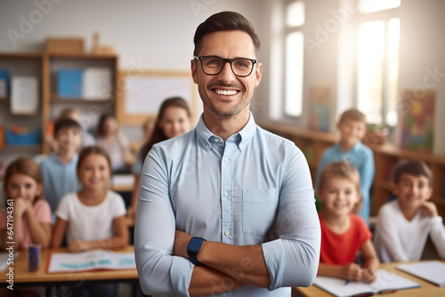 Portrait of smiling teacher in a class at elementary school looking at camera with learning students on background