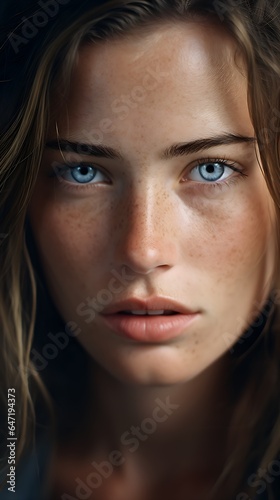 Close-Up Portrait of Woman with Striking Blue Eyes, Captivating Gaze, 25 years old, Generative AI © Cristiano