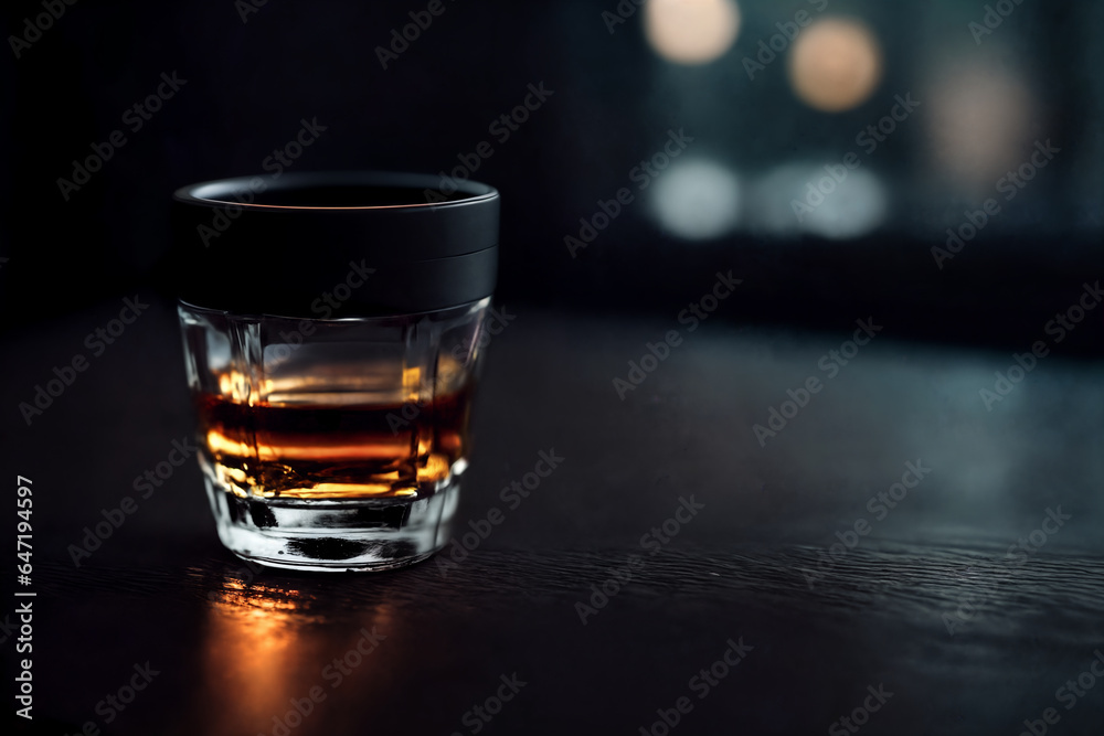 A glass of whiskey on a black table with a blurred background A glass of whiskey on a black table with a blurred background