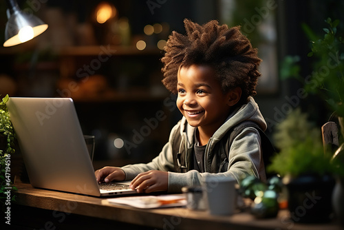 Smiling african american child schoolboy studying online