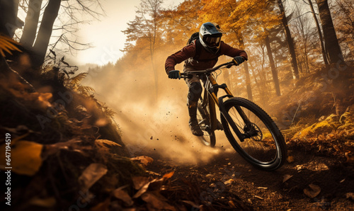 Mountain biker rides in sun autumn forest, Silhouette of biker.