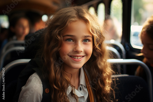 Smiling little schoolgirl getting into the school-bus