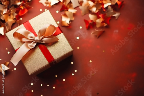 Stylish female holding present with red ribbon