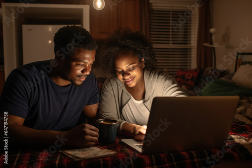 Young African American couple using laptop computer together at home