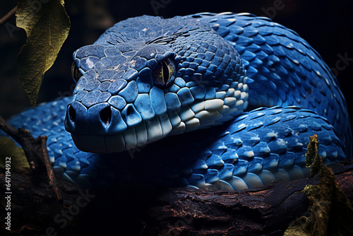 Generative AI illustration of dangerous snake with blue skin crawling in dark jungle in dark background photo