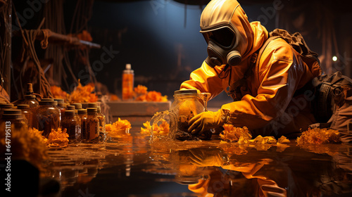 Man in protection outfit working in danger chemical production.