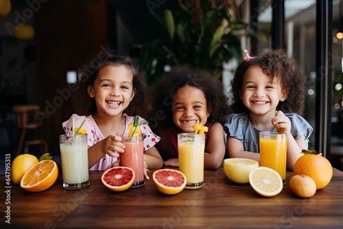 Children share a delightful summer morning  enjoying fresh juice and fruits together in the outdoors  radiating happiness and togetherness.