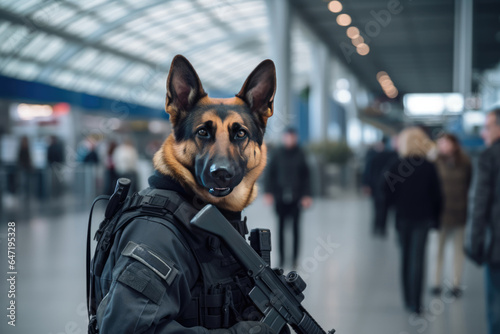 German Shepard Dog Guard In Background Airports. Сoncept German Shepherds At Airports, Airport Security Measures, Benefits Of Canine Guardians, Dog Breeds For Security
