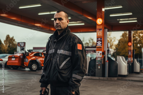 Guard In Background Gas Stations. Сoncept The Necessity Of Guard At Gas Stations, Importance Of Surveillance At Gas Stations, Enhancing Safety At Gas Stations