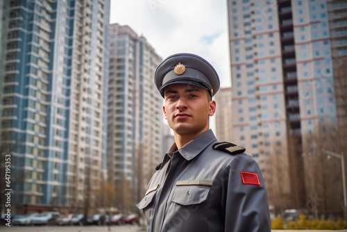 Guard In Background Highrise Buildings. Сoncept Security Measurements For Highrise Buildings, Understanding The Purpose Of Guard In The Background © Anastasiia