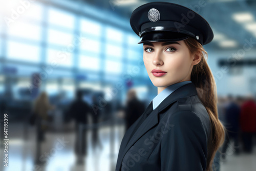 Woman Guard On Defocused Background Airports . Сoncept Women In Security, Importance Of Security At Airports, The Future Of Airports, The Power Of Defocusing