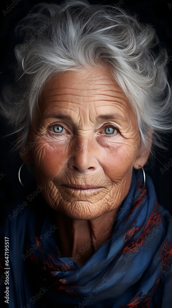 Close-Up Portrait of Woman with Striking Blue Eyes, Captivating Gaze, 70 years old, Generative AI Close-Up Portrait of Woman with Striking Blue Eyes, Captivating Gaze, 70 years old, Generative AI